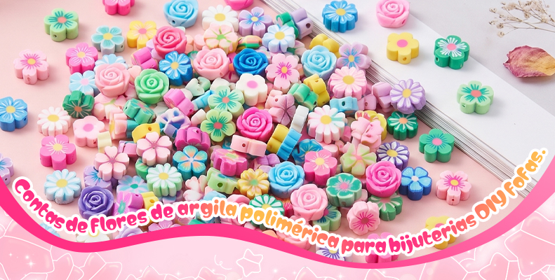 Contas de flores de argila polimérica para bijuterias DIY fofas.