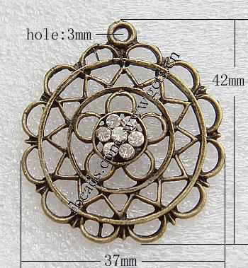 Zinklegierung Blume Anhänger, plattiert, mit Strass & hohl, keine, 37x42x3mm, Bohrung:ca. 3mm, verkauft von PC