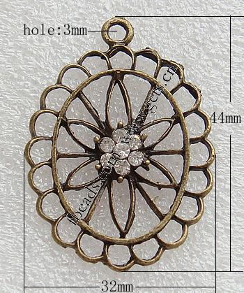 Zinklegierung Blume Anhänger, plattiert, mit Strass & hohl, keine, 32x44x2mm, Bohrung:ca. 3mm, verkauft von PC