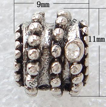 grano Europeo de aleación Zinc con diamante, aleación de zinc, Tubo, chapado, sin rosca & con diamantes de imitación, más colores para la opción, 11x9mm, agujero:aproximado 4mm, Vendido por UD