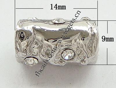 Strass Zink Legierung Europa Perlen, Zinklegierung, Rohr, plattiert, plattierte Dicke über 3μm & mit Strass von Nahost & ohne troll, keine, frei von Nickel, 14x9mm, Bohrung:ca. 4.5mm, verkauft von PC