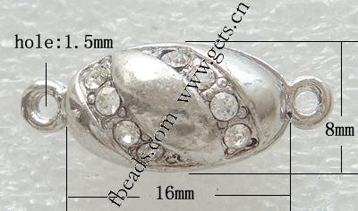 Fermoir magnétique en alliage de zinc, ovale, Plaquage normal, épaisseur de bordé plus de 3μm & avec les strass de Moyen-Orient & à un fil, plus de couleurs à choisir, 16x8x8mm, Trou:Environ 1.5mm, Vendu par PC