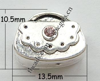 Strass Zink Legierung Europa Perlen, Zinklegierung, Handtasche, plattiert, ohne troll & mit Strass, keine, 13.5x10.5x5mm, Bohrung:ca. 4mm, verkauft von PC