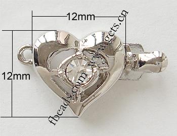 Cierre de Aleación de Zinc para Caja, Corazón, chapado, enchapado grueso más que los 3μm & con diamantes de imitación de Mideast & sarta sola, más colores para la opción, libre de níquel, 12x12mm, agujero:aproximado 1mm, Vendido por UD