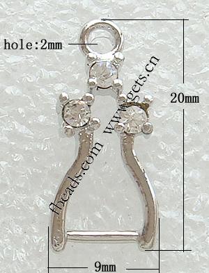 Messing Anhängerschlaufe, plattiert, mit Strass, keine, 9x20mm, Bohrung:ca. 2mm, verkauft von PC