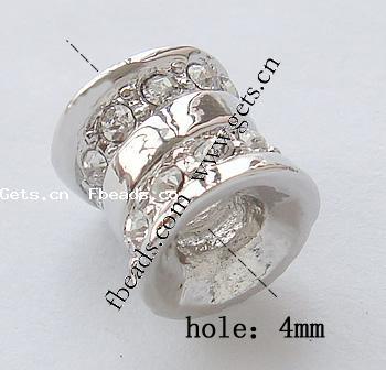 grano Europeo de aleación Zinc con diamante, aleación de zinc, Tubo, chapado, enchapado grueso más que los 3μm & sin rosca & con diamantes de imitación, más colores para la opción, libre de níquel, plomo & cadmio, 10x10mm, agujero:aproximado 4.2-4.5mm, Vendido por UD