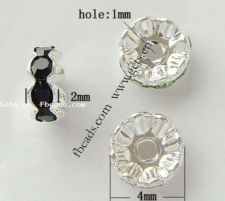 Wave Rondelle Rhinestone Spacer, Brass, plated, with Mideast rhinestone, more colors for choice, Grade AAA, 4x4x2mm, Hole:Approx 1mm, 500PCs/Bag, Sold By Bag