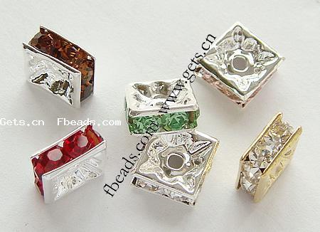 Square Rhinestone Spacer, Brass, Squaredelle, plated, with Mideast rhinestone, more colors for choice, 7x7x3mm, Hole:Approx 2mm, 500PCs/Bag, Sold By Bag