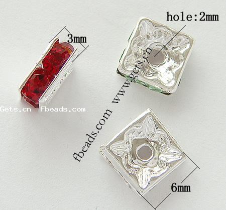 正方形のラインス トーン スペーサー, 銅, Squaredelle, メッキ, 中東ラインストーン入り, 無色, 6x6x3mm, 穴:約 2mm, 500パソコン/バッグ, 売り手 バッグ