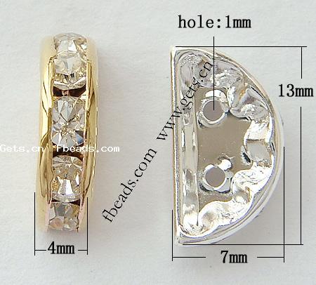 ハーフラウンドブリッジラインストーンスペーサー, 銅, 月, メッキ, 中東ラインストーン入り & ダブルストランド, 無色, 13x4mm, 穴:約 1mm, 500パソコン/バッグ, 売り手 バッグ