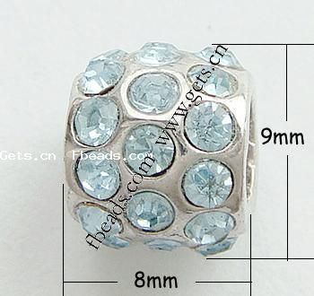 grano Europeo de aleación Zinc con diamante, aleación de zinc, Tambor, chapado, sin rosca & con diamantes de imitación, más colores para la opción, 9x8mm, agujero:aproximado 4mm, Vendido por UD