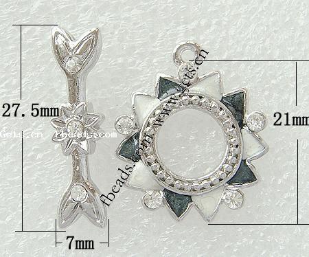 Zink Legierung Knebelverschluss, Zinklegierung, Blume, plattiert, mit Strass & Einzelstrang, keine, 21x21mm, 27.5x7mm, Bohrung:ca. 2mm, verkauft von setzen