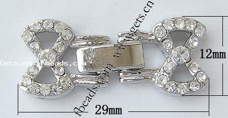 Zink Legierung Uhren Armband Verschluss, Zinklegierung, Schleife, plattiert, mit Strass, keine, frei von Nickel, 29x12x4mm, Bohrung:ca. 1mm, verkauft von PC