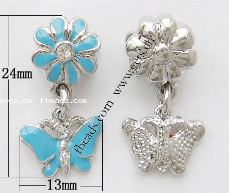 Zinc Alloy European Pendants, Butterfly, plated, with troll & enamel & with rhinestone, more colors for choice, nickel, lead & cadmium free, 24x13mm, Hole:Approx 4mm, Sold By PC