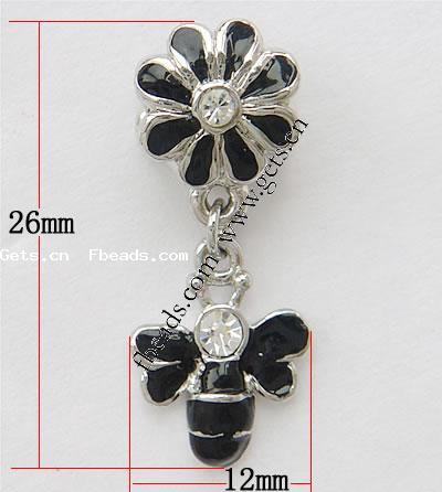 Zinc Alloy European Pendants, Bee, plated, with troll & enamel & with rhinestone, more colors for choice, nickel, lead & cadmium free, 26x12mm, Hole:Approx 4mm, Sold By PC