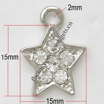 Pendentifs d'étoile en alliage zinc, alliage de zinc, Plaquage normal, avec strass, plus de couleurs à choisir, sans cadmium, 15x15x3mm, Trou:Environ 2mm, Vendu par PC