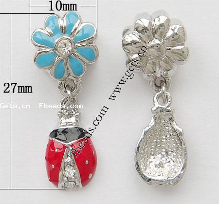 Zinc Alloy European Pendants, Ladybug, plated, with troll & enamel & with rhinestone, more colors for choice, nickel, lead & cadmium free, 27x10mm, Hole:Approx 4mm, Sold By PC