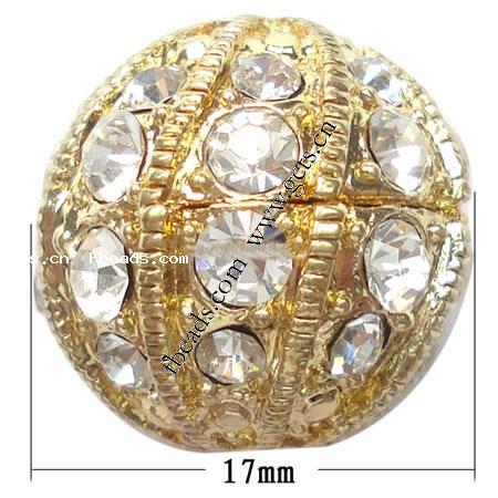 Rhinestone Zinc Alloy Beads, with Zinc Alloy, Round, plated, more colors for choice, nickel free, 16x17mm, Hole:Approx 3mm, Sold By PC