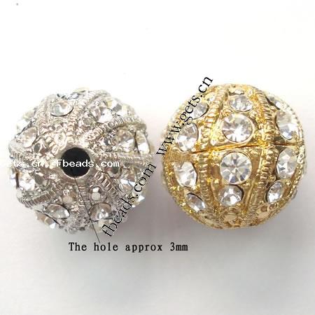 Rhinestone Zinc Alloy Beads, with Zinc Alloy, Round, plated, more colors for choice, nickel free, 16x17mm, Hole:Approx 3mm, Sold By PC