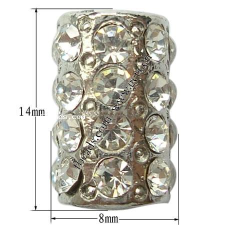 Strass Zinklegierung Perlen, Rohr, plattiert, keine, frei von Nickel, 8x14mm, Bohrung:ca. 1mm, verkauft von PC