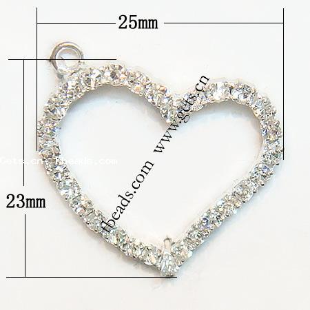 Zinc Alloy Heart Pendants, plated, with rhinestone, more colors for choice, 23x25x2.5mm, Hole:Approx 2mm, Sold By PC