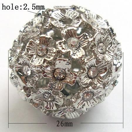 Bola Rhinestone Spacer, diamantes de imitación, con aleación de zinc, Esférico, chapado, más colores para la opción, 26mm, agujero:aproximado 2.5mm, Vendido por UD