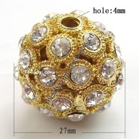 Bola Rhinestone Spacer, diamantes de imitación, con aleación de zinc, Esférico, chapado, más colores para la opción, 27mm, agujero:aproximado 4mm, Vendido por UD