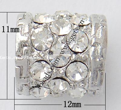 grano Europeo de aleación Zinc con diamante, aleación de zinc, Tubo, chapado, sin rosca & con diamantes de imitación, más colores para la opción, libre de níquel, plomo & cadmio, 12x11mm, agujero:aproximado 6mm, Vendido por UD