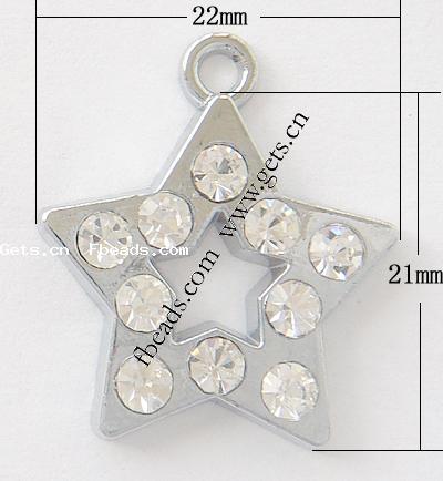 Zinc Alloy Star Pendant, plated, with rhinestone, more colors for choice, 22x21x3mm, Hole:Approx 2.5mm, Sold By PC