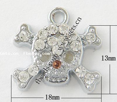 Zinc Alloy Skull Pendants, plated, with rhinestone, more colors for choice, 18x13x4mm, Hole:Approx 2mm, Sold By PC