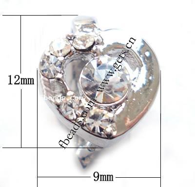 Fianza de pellizco de latón, metal, Corazón, chapado, con diamantes de imitación, más colores para la opción, 12x9x8mm, 100PCs/Bolsa, Vendido por Bolsa