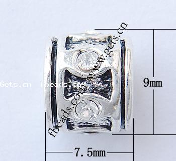 Strass Zink Legierung Europa Perlen, Zinklegierung, Rohr, plattiert, ohne troll & mit Strass, keine, 9x7.5mm, Bohrung:ca. 4mm, verkauft von PC