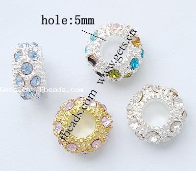 Rhinestone European Beads, with Zinc Alloy, Rondelle, plated, more colors for choice, cadmium free, 11x6mm, Hole:Approx 5mm, Sold By PC