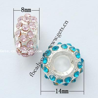 Granos de Rhinestone de Europeo , diamantes de imitación, con aleación de zinc, Toroidal, chapado, sin rosca, más colores para la opción, libre de cadmio, 14x8mm, agujero:aproximado 5mm, Vendido por UD