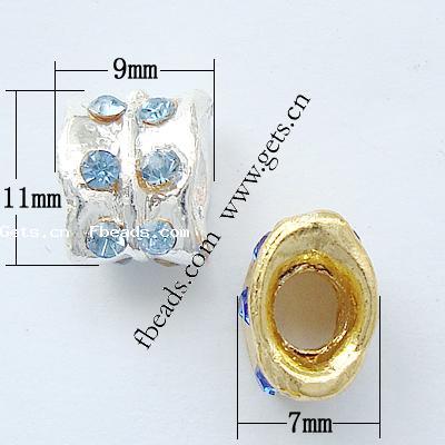 Rhinestone Zinc Alloy European Beads, Drum, plated, without troll & with rhinestone, more colors for choice, nickel, lead & cadmium free, 11x9x7mm, Hole:Approx 4.2-4.5mm, Sold By PC