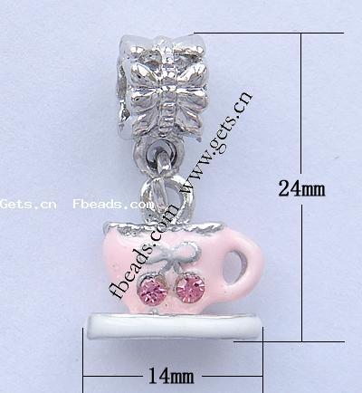 Zinc Alloy European Pendants, Cup, plated, without troll & enamel & with rhinestone, more colors for choice, nickel, lead & cadmium free, 24x14x8mm, Hole:Approx 4.5mm, Sold By PC