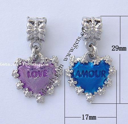 Zinc Alloy European Pendants, with enamel, Heart, word love, plated, with letter pattern & without troll & enamel, more colors for choice, nickel, lead & cadmium free, 29x17x7mm, Hole:Approx 5mm, Sold By PC