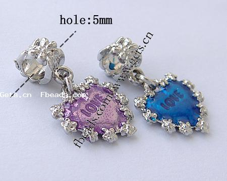 Zinc Alloy European Pendants, with enamel, Heart, word love, plated, with letter pattern & without troll & enamel, more colors for choice, nickel, lead & cadmium free, 29x17x7mm, Hole:Approx 5mm, Sold By PC