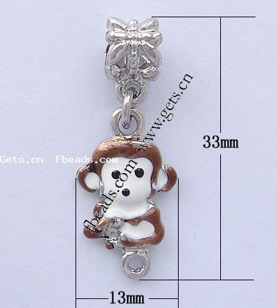 Zinc Alloy European Pendants, Monkey, plated, without troll & enamel, more colors for choice, nickel, lead & cadmium free, 33x13x7mm, Hole:Approx 5mm, Sold By PC