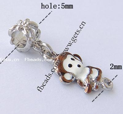 Zinc Alloy European Pendants, Monkey, plated, without troll & enamel, more colors for choice, nickel, lead & cadmium free, 33x13x7mm, Hole:Approx 5mm, Sold By PC