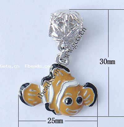 Zinc Alloy European Pendants, Fish, plated, without troll & enamel & with rhinestone, more colors for choice, nickel, lead & cadmium free, 30x25x5mm, Hole:Approx 5mm, Sold By PC