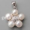 Cultured Pearl Sterling Silver Pendants, 925 Sterling Silver, with pearl, Flower, platinum plated Approx 