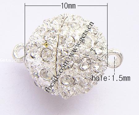 Messing Magnetverschluss, rund, plattiert, mit Strass & Einzelstrang, keine, 10mm, Bohrung:ca. 1.5mm, verkauft von PC