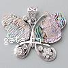 Colgante de concha de abulón, metal, con Nácar de Abulón, Mariposa, chapado en color de platina, con diamantes de imitación, 33x43x4mm, agujero:aproximado 5mm, Vendido por UD