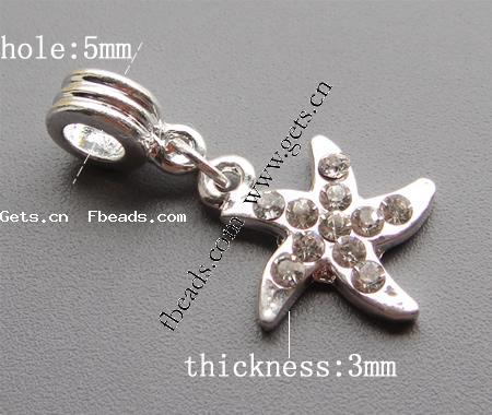 Zinc Alloy European Pendants, Star, plated, without troll & with rhinestone, more colors for choice, 17x21x3mm, Hole:Approx 5mm, Length:33 , Sold By PC