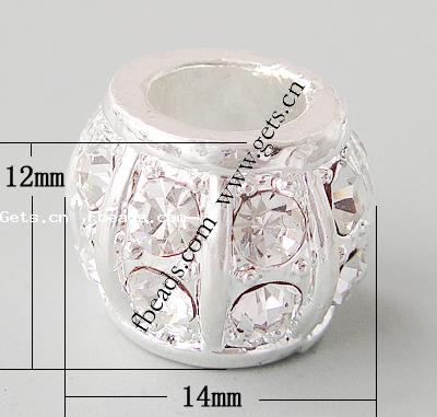 Rhinestone Zinc Alloy European Beads, Drum, plated, without troll & with rhinestone, more colors for choice, 14x12mm, Hole:Approx 7mm, Sold By PC