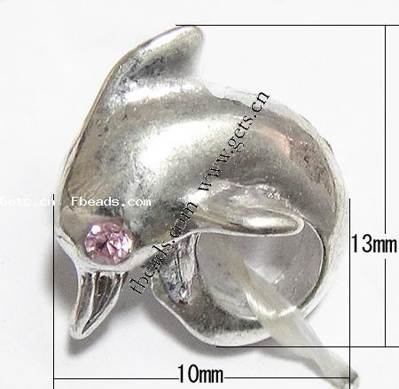 grano Europeo de aleación Zinc con diamante, aleación de zinc, Delfín, chapado, sin rosca & con diamantes de imitación, más colores para la opción, 10x13x8mm, agujero:aproximado 4.5mm, Vendido por UD