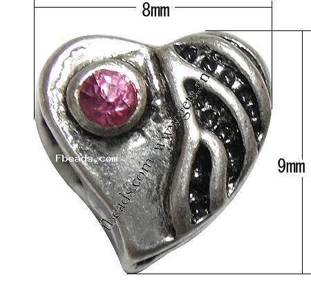 grano Europeo de aleación Zinc con diamante, aleación de zinc, Corazón, chapado, sin rosca & esmalte & con diamantes de imitación, más colores para la opción, 9x8x8mm, agujero:aproximado 4.5mm, Vendido por UD