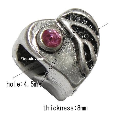 grano Europeo de aleación Zinc con diamante, aleación de zinc, Corazón, chapado, sin rosca & esmalte & con diamantes de imitación, más colores para la opción, 9x8x8mm, agujero:aproximado 4.5mm, Vendido por UD