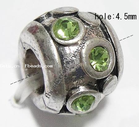 grano Europeo de aleación Zinc con diamante, aleación de zinc, Toroidal, chapado, sin rosca & con diamantes de imitación, más colores para la opción, 12x9mm, agujero:aproximado 4.5mm, Vendido por UD